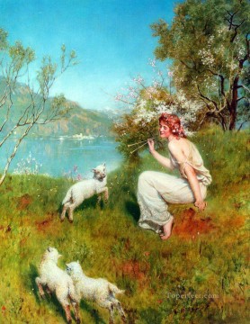 動物 Painting - 春 ジョン・コリアー ラファエル前派のオリエンタリストの羊飼い